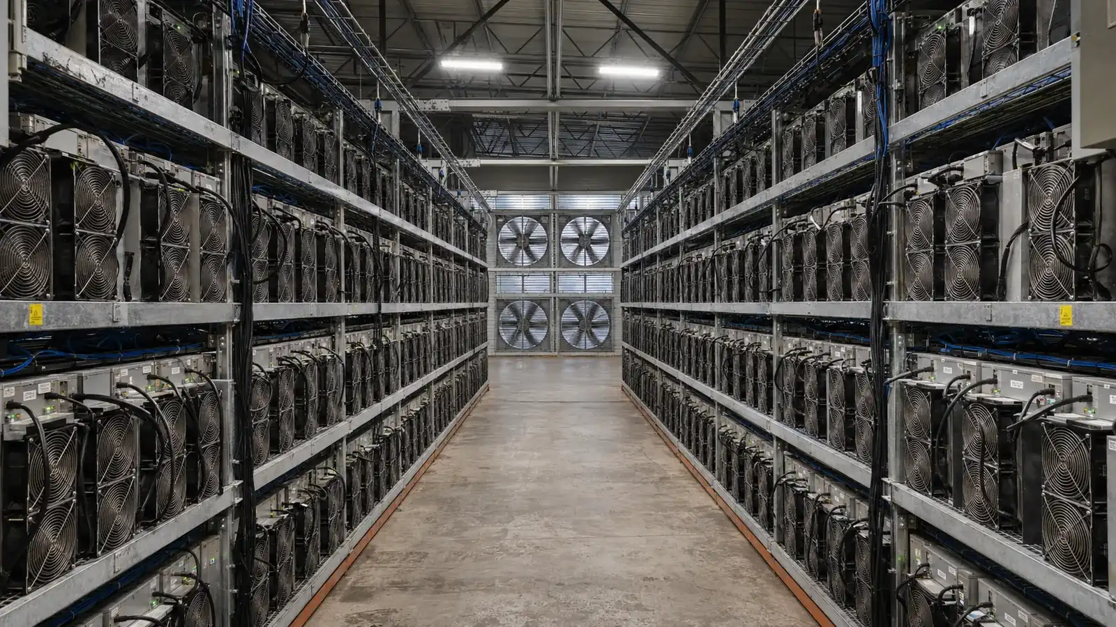 Innenansicht einer Bitcoin-ASIC-Mining-Farm — Reihen von Minern mit runden Lüftern in offenen Metallregalen entlang eines Mittelgangs, große Abluftventilatoren im Hintergrund