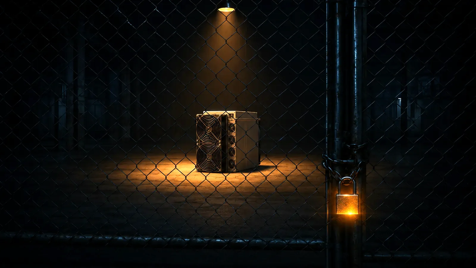 Ein einzelner Bitcoin-ASIC-Miner hinter einem Zaun mit Vorhängeschloss — veranschaulicht das Counterparty-Verwahrrisiko