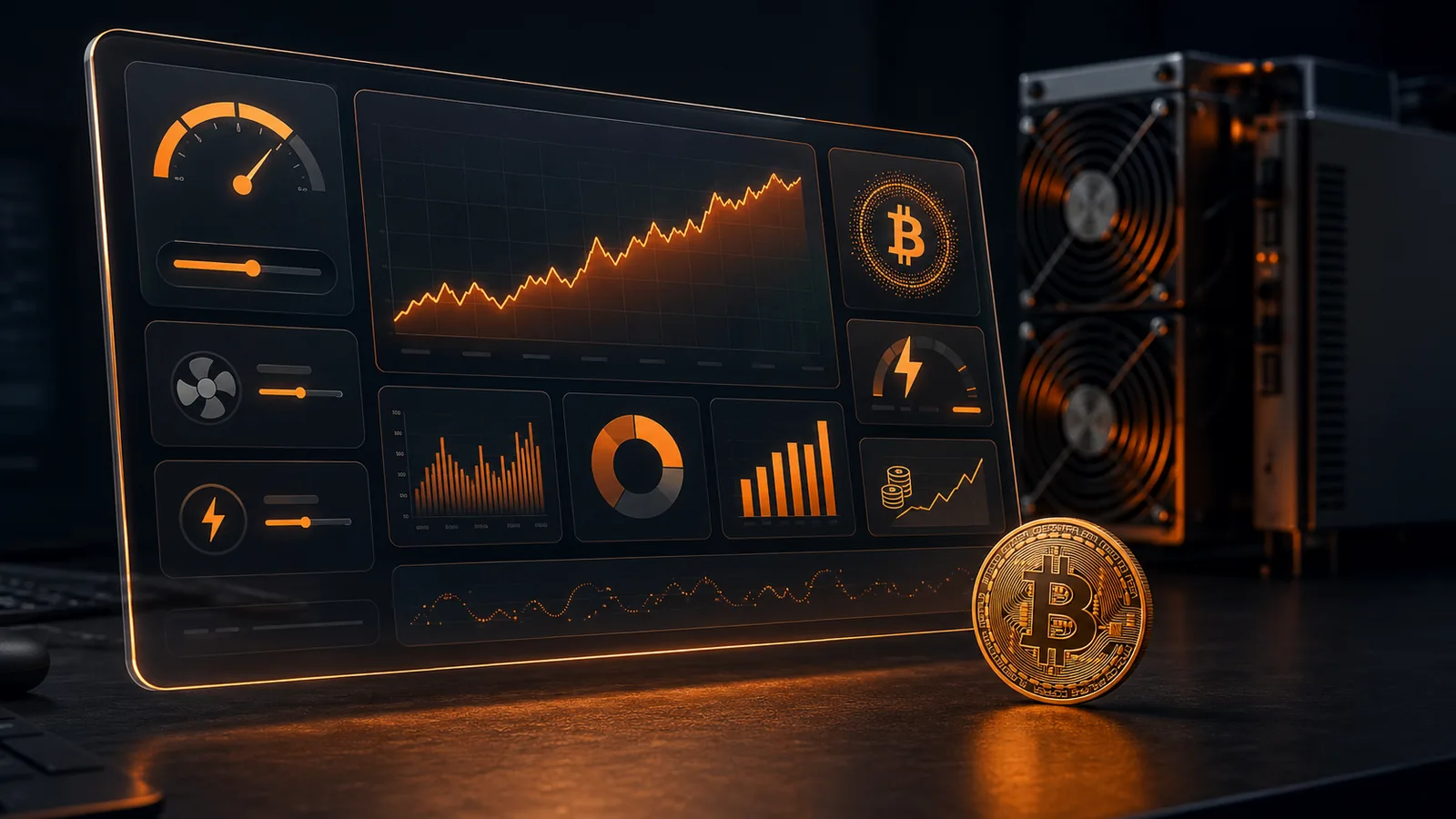Mining-Profitabilitäts-Dashboard mit Tagesumsatz, Stromkosten und Monatsgewinn eines ASIC-Miners