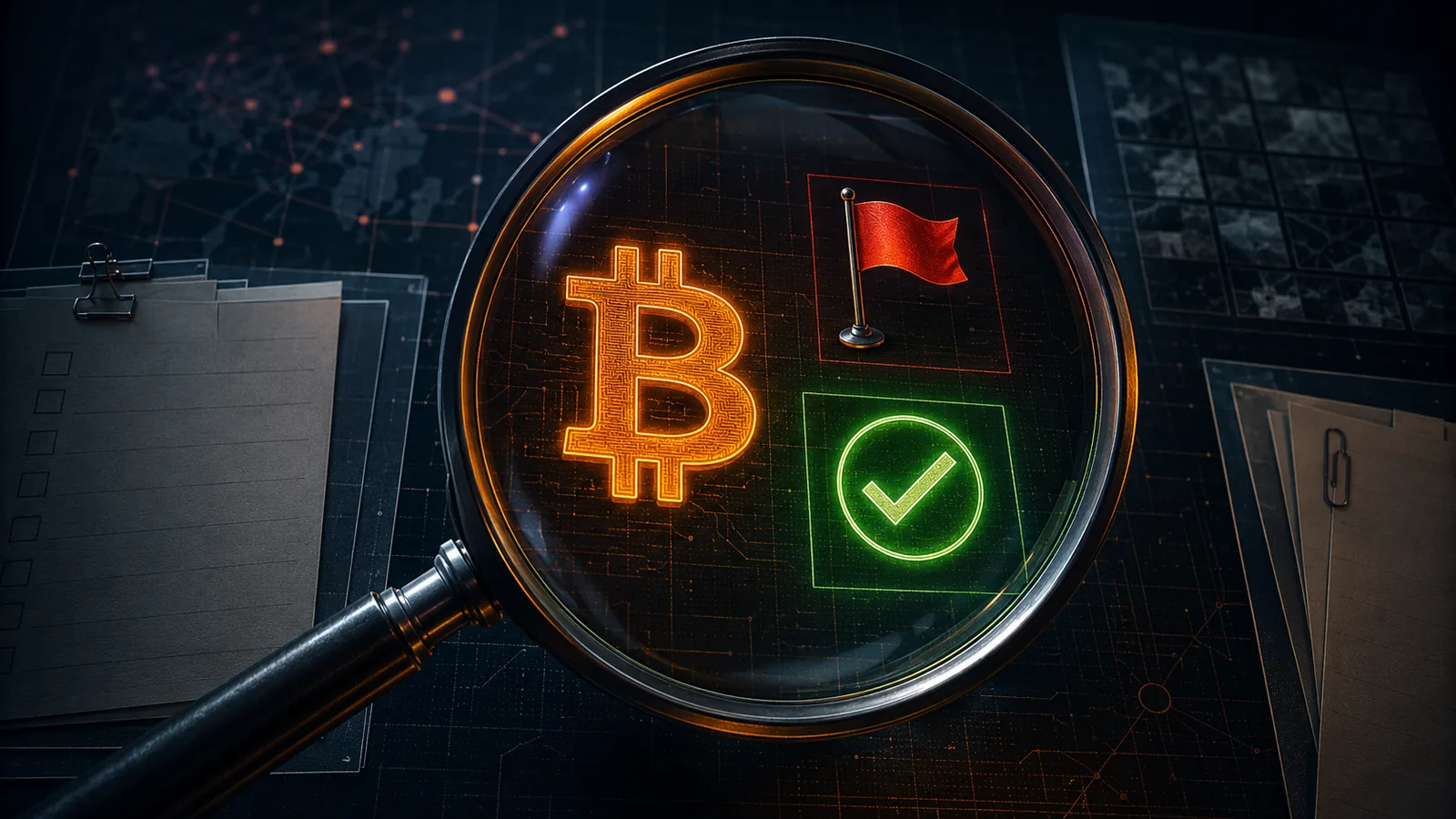 Magnifying glass inspecting a Bitcoin mining provider — a red warning signal beside a green verification checkmark
