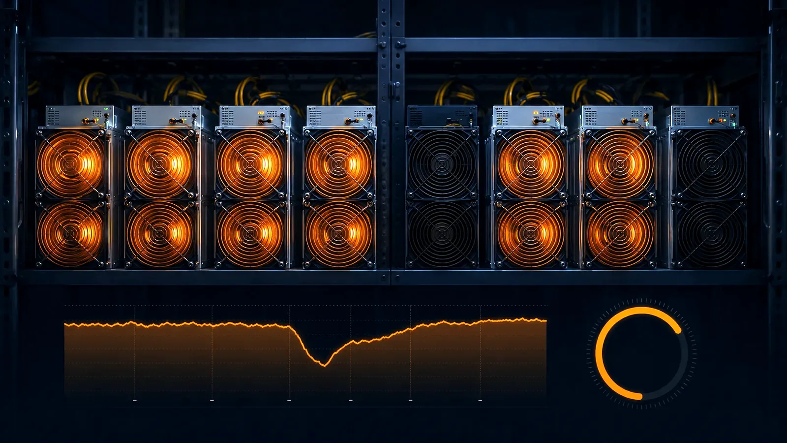 Miner-Lüfter teils laufend, teils abgeschaltet neben einer Uptime-Kurve mit Abregel-Einbrüchen